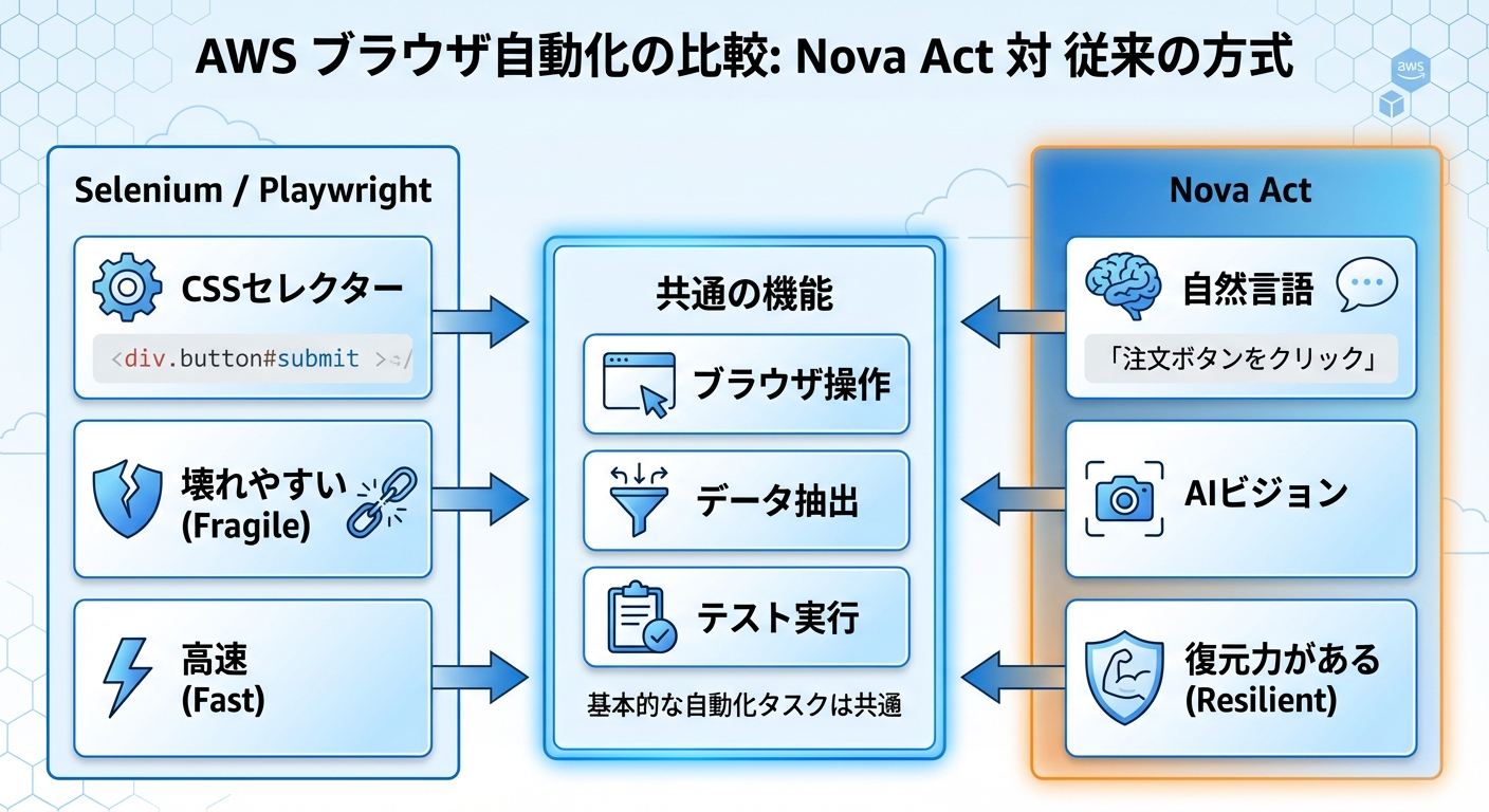 Nova Act vs 従来ブラウザ自動化の比較