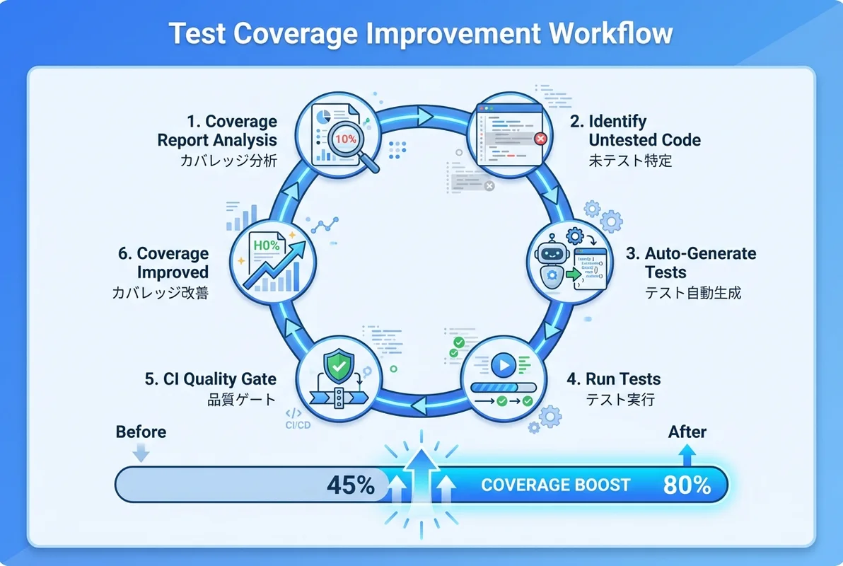 Gemini CLIテストカバレッジ改善ワークフローのインフォグラフィック