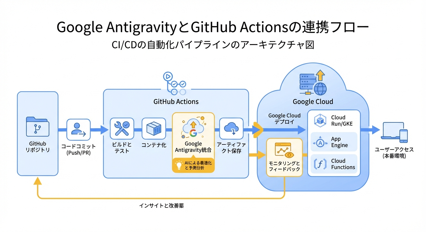 Google AntigravityとGitHub Actionsの連携フロー