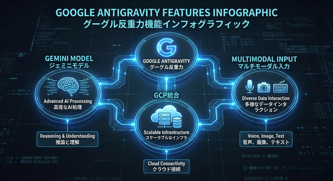 Google Antigravityの特徴と活用シーンのインフォグラフィック