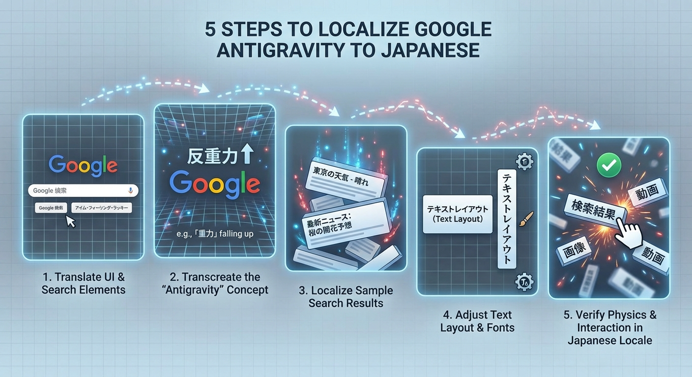 Antigravity日本語化の設定ステップと効果のインフォグラフィック