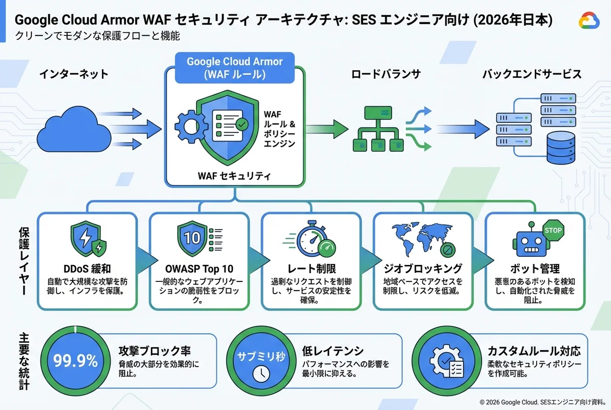 Cloud Armor WAF防御アーキテクチャのインフォグラフィック