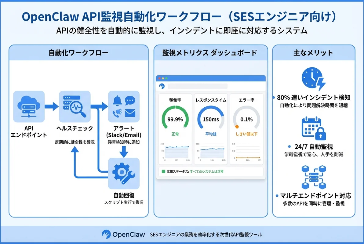OpenClawによるAPI監視アーキテクチャのインフォグラフィック