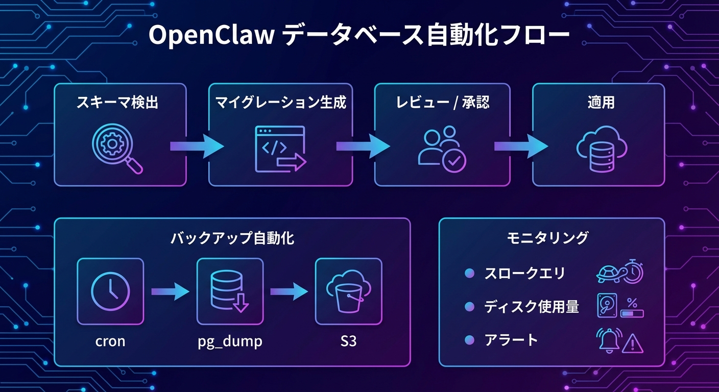 OpenClawによるDB管理自動化フロー図