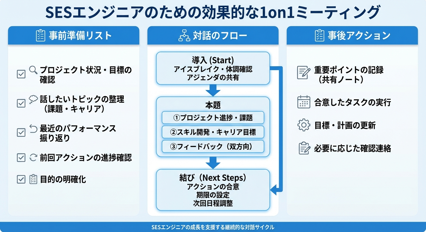 SES 1on1面談の活用法を示すインフォグラフィック