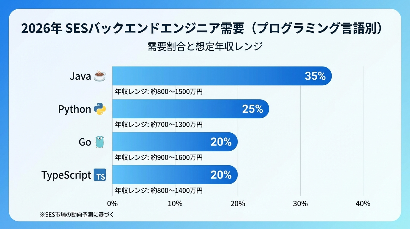 SESバックエンドエンジニアの言語別需要と単価を示すインフォグラフィック