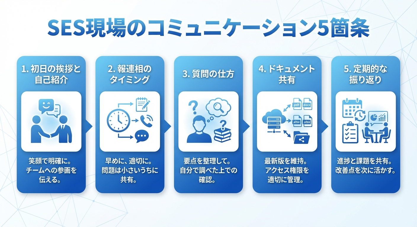 SES現場のコミュニケーション5箇条：挨拶・報連相・質問・ドキュメント・振り返り