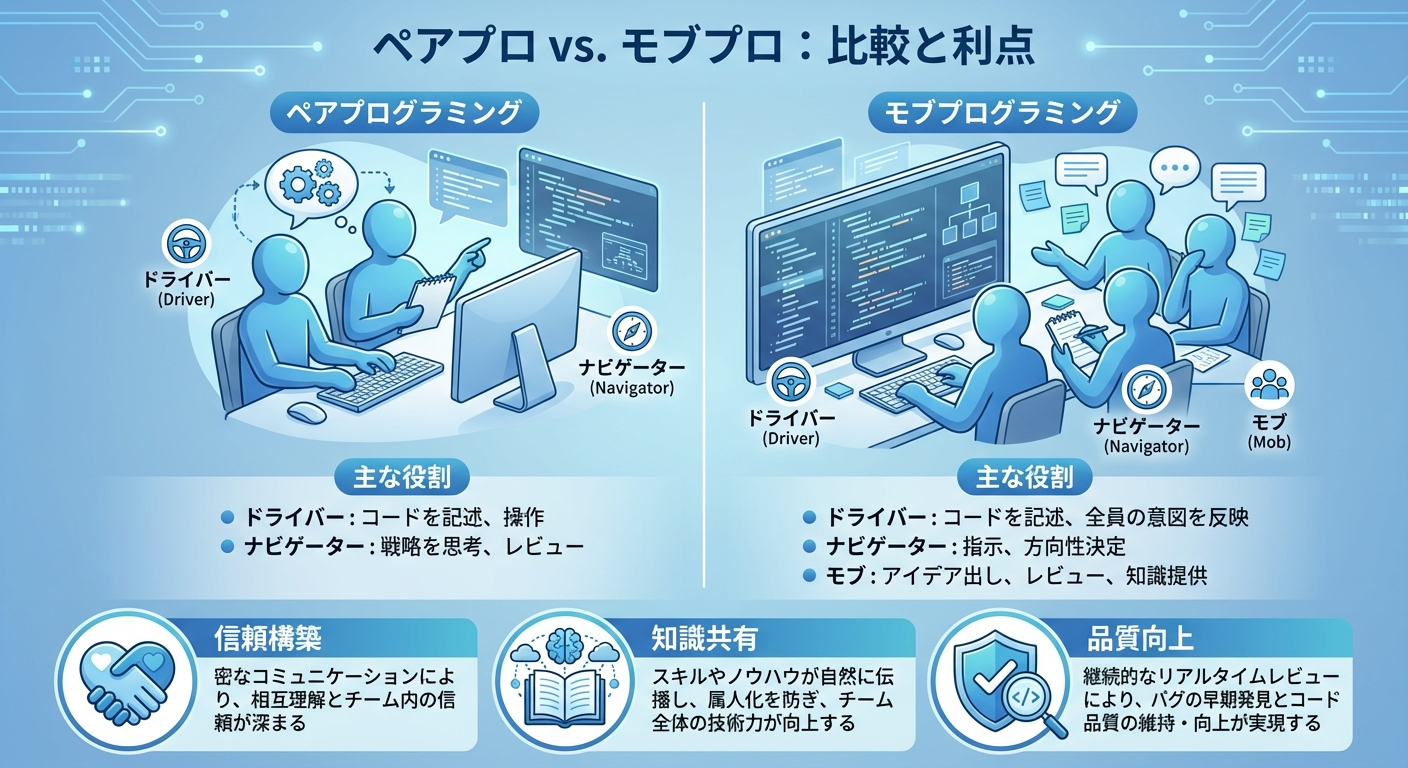 ペアプロとモブプロの比較図解