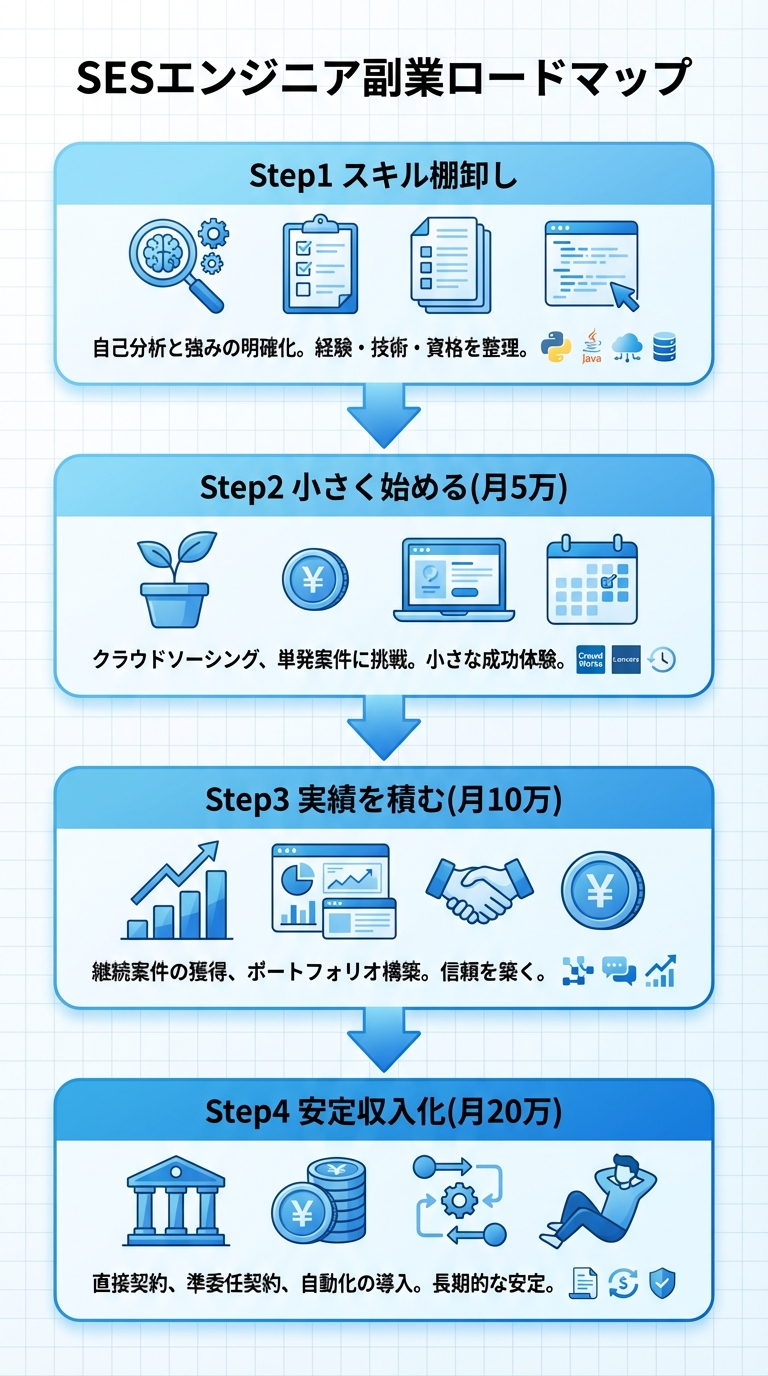 SESエンジニア副業ロードマップ：スキル棚卸しから月20万円の安定収入化までの4ステップ