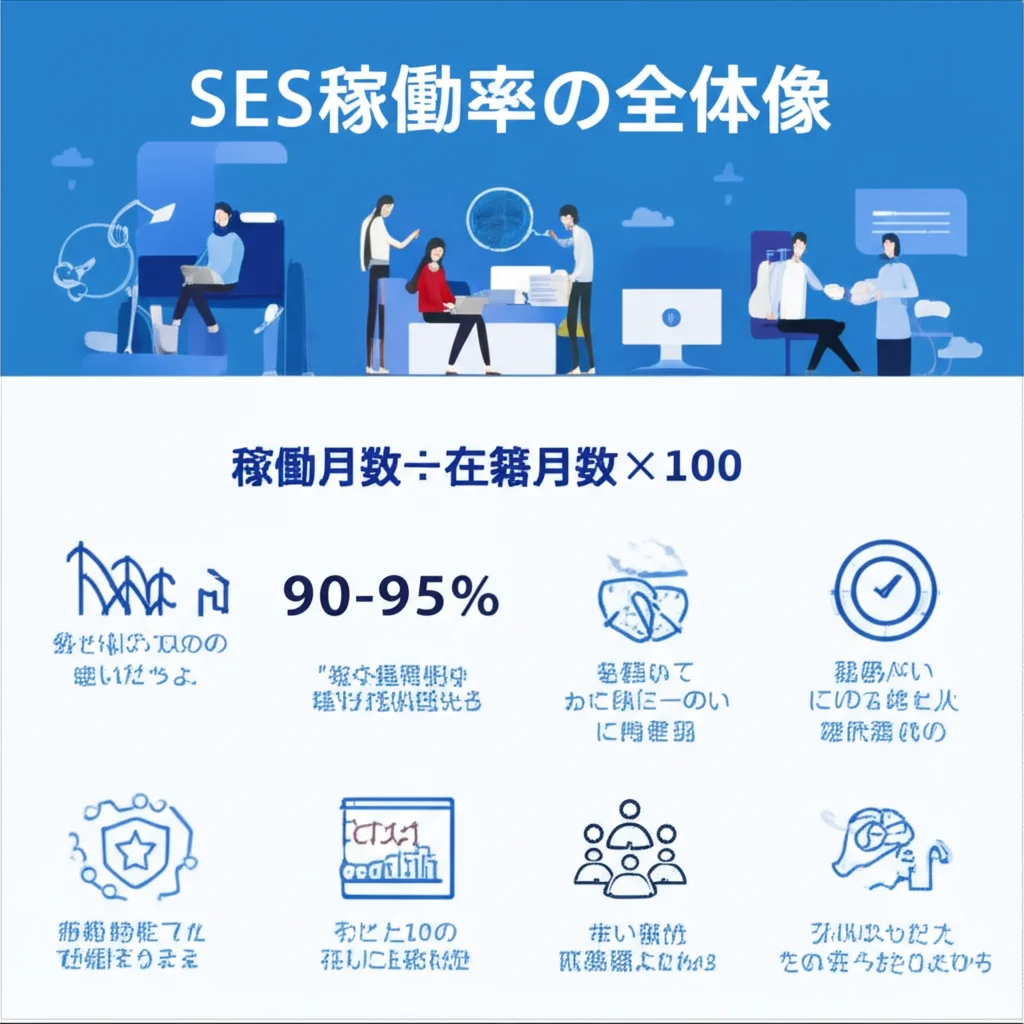 SES稼働率の全体像 - 計算方法・業界平均・改善策をまとめたインフォグラフィック