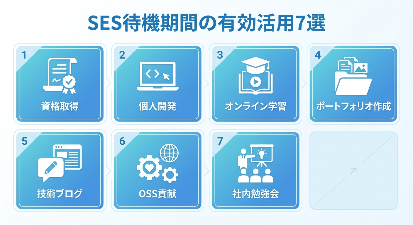 SES待機期間の有効活用7選：資格取得・個人開発・オンライン学習・ポートフォリオ作成・技術ブログ・OSS貢献・社内勉強会