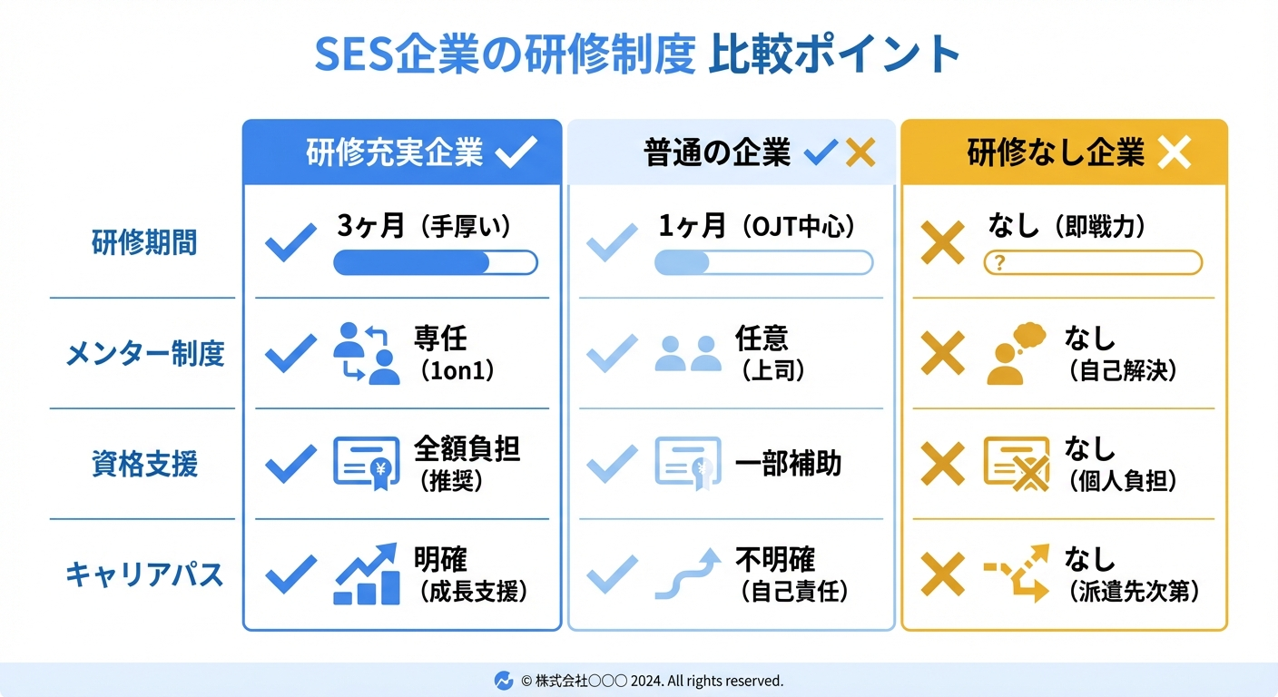 SES企業の研修制度を3タイプで比較したインフォグラフィック